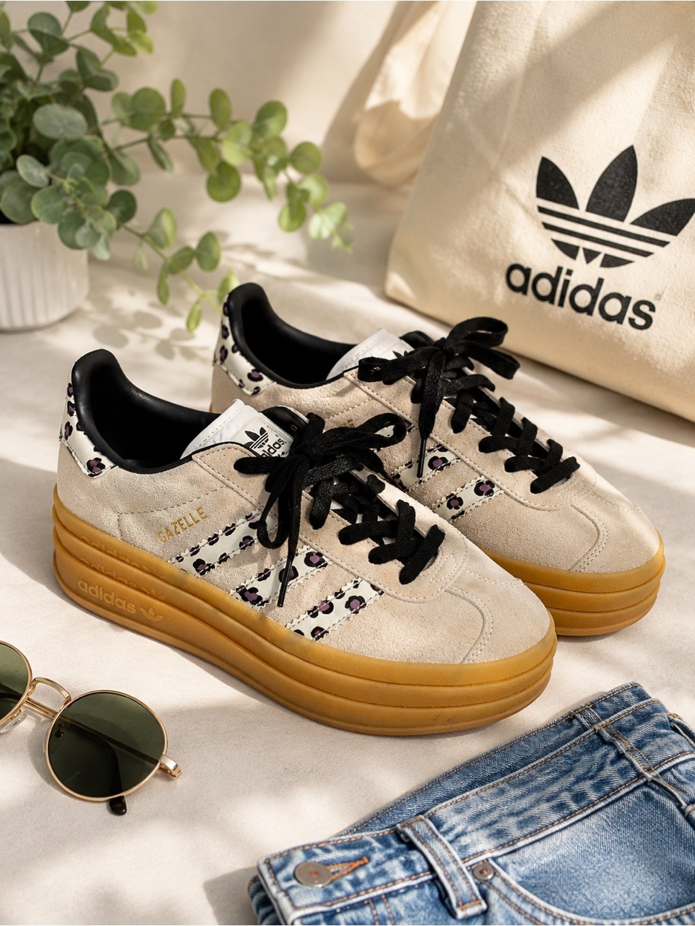 adidas Gazelle Platform Suede Sneakers in Beige with Gum Sole Womens 6.5